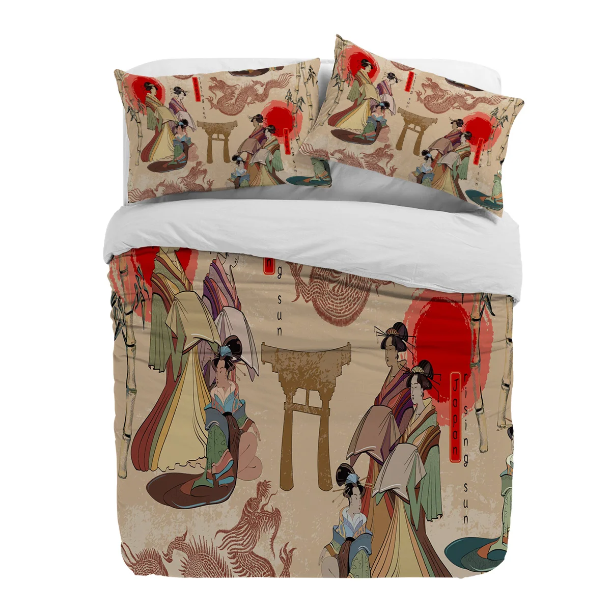 Japan Red Sun Geisha Woman Dragon Bamboo 3pcs Duvet Cover Set Pillow Case Double Comforter Bedding Set Quilt Cover Couple Bed