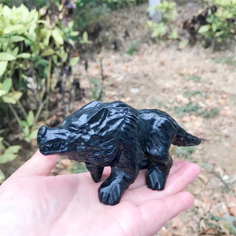 Natural Black Obsidian Wolf Carving Healing Gemstone Animal Crafts For Christmas Lucky Gift Art Collection 1pcs