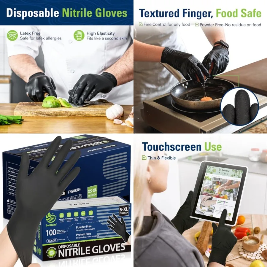 

SWIFTLITE Black Nitrile Gloves, Food Safe Disposable Gloves Latex Free, Rubber Gloves Powder Free for Cooking, Kitchen Clean