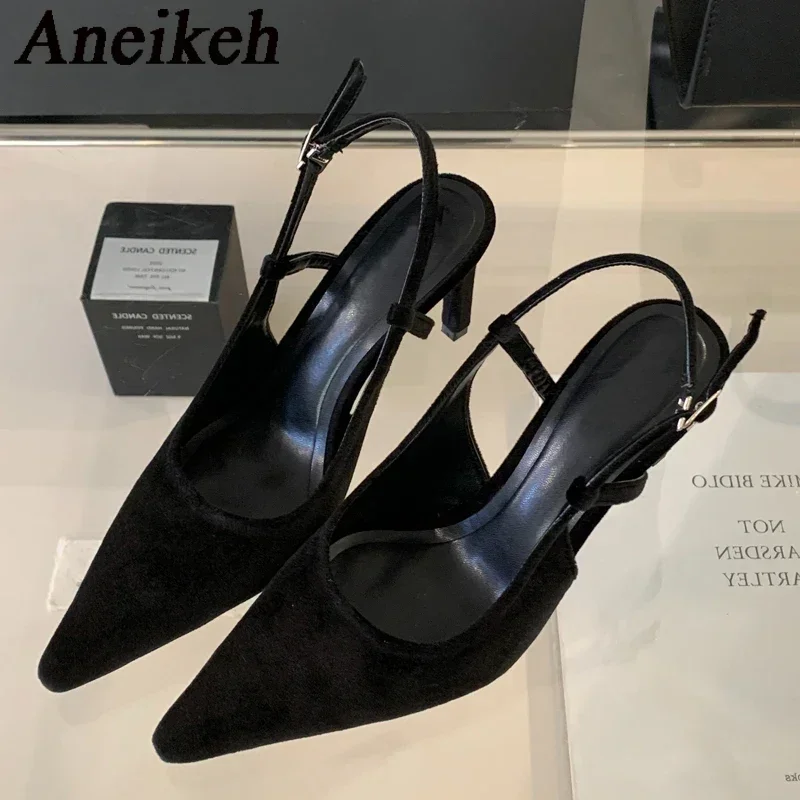Aneikeh Retro Brown Velvet Pointed Sandals 2026 New Spring/summer Season Slim Heel High-heeled Banquet Dance Shoes Female