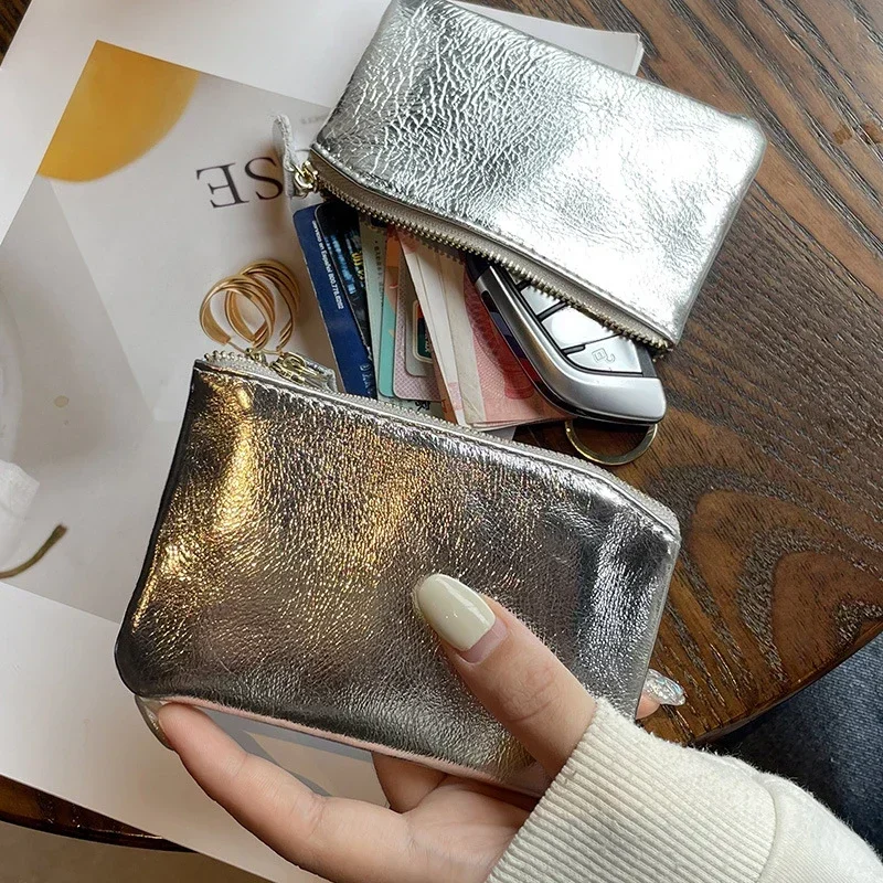 Mini Coin Purse Portable Key Card Holder Coin Bag Pouch with Keychain New Silver Genuine Leather Zipper Cute Wallet for Women