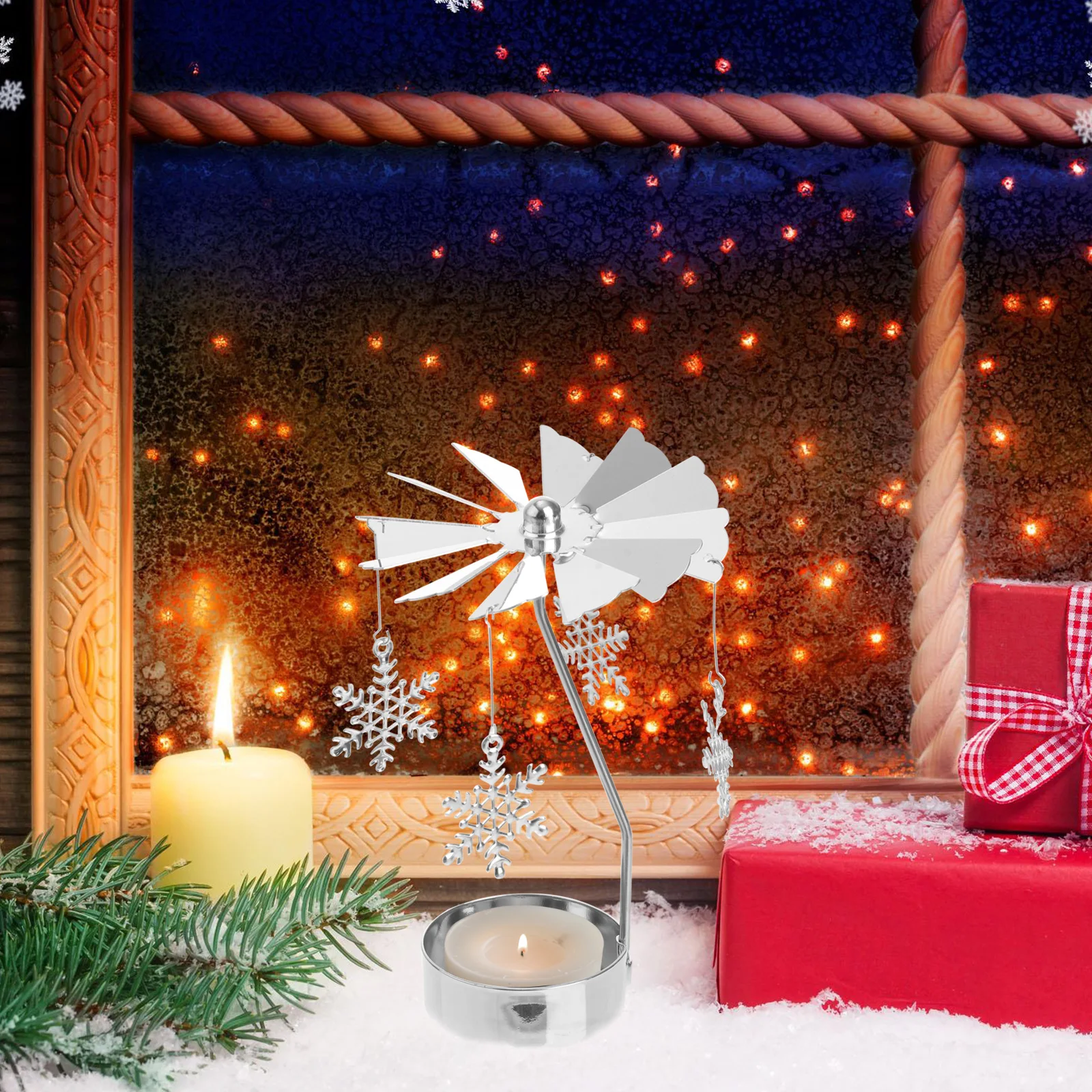 

3Pcs Metal Candlestick Revolving Lantern Creative Christmas Decor Snowflake Holder Rotating Tea Light Stand Holiday Home