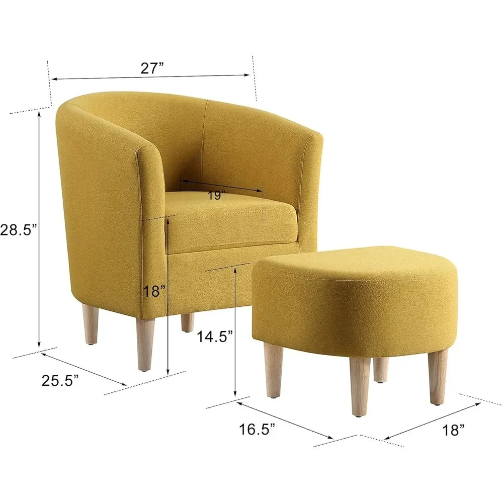 Upholstered Arm Chair Linen Fabric Single Sofa Chair with Ottoman Foot Rest Mustard Yellow Comfy Armchair