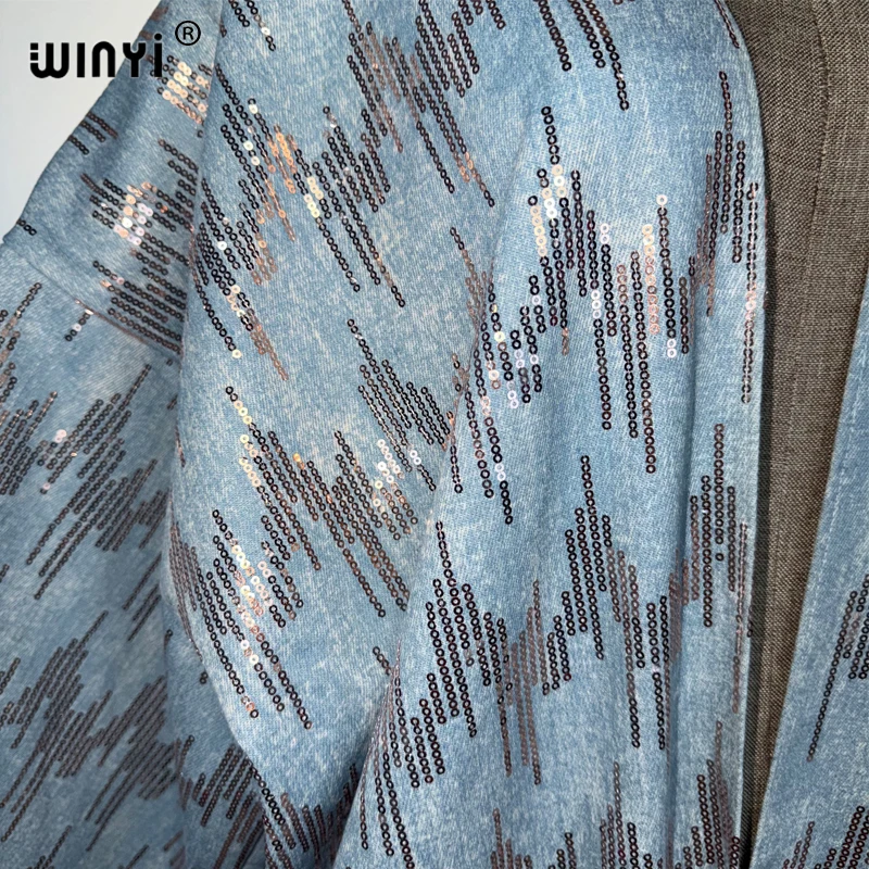WINYI Sequined Denim Cardigan Women's Long down Coat Loose Maxi Dress Elegant Party Holiday Swimming Cover up Fashion Kimono