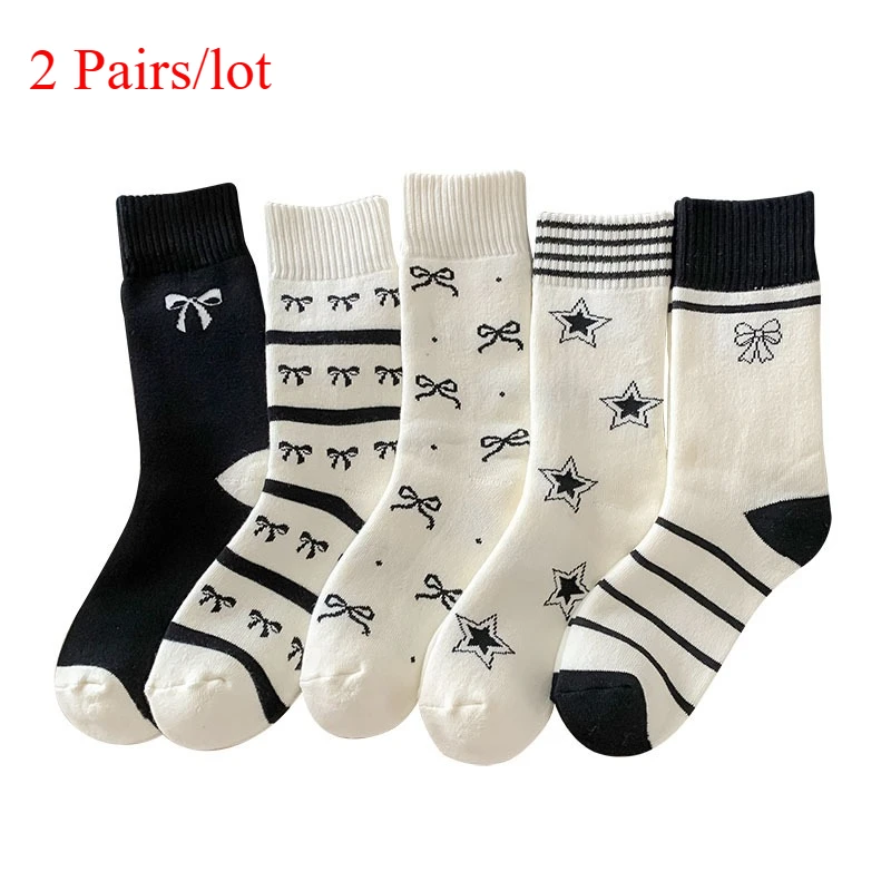 Thickened Socks Women Bow Pentagram Striped Black and White Terry Warm Towel Socks 2 Pairs Set Autumn Winter Harajuku Polyester