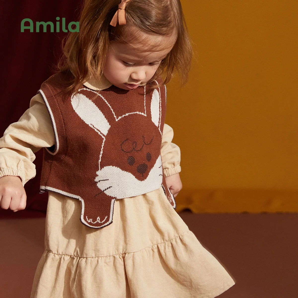 Amila Baby Girl Dress Two Pieces Sets 2023 Spring New Cute Rabbit Cartoon Knit Vest Suit Academic Casual Kids Clothing