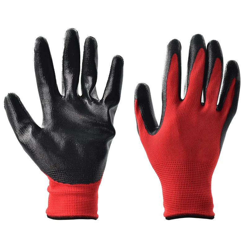 3 Pairs Red and Black Nylon Nitrile Labor Protection Gloves Thickened Wear-resistant Anti-slip Work Gloves Nylon Dipped Gloves