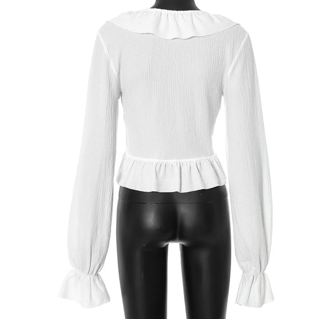 تي شيرت نسائي أنيق أبيض فضفاض بياقة V عميقة وأكمام طويلة وأربطة أساسية بلون سادة