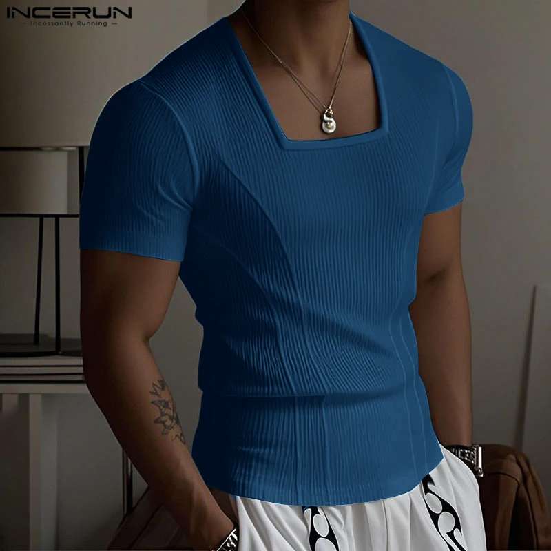INCERUN Männer T Shirt Solide Quadrat Kragen Kurzarm Sommer Männlich T Tops Streetwear 2025, Textur Mode Lässig Männer Kleidung