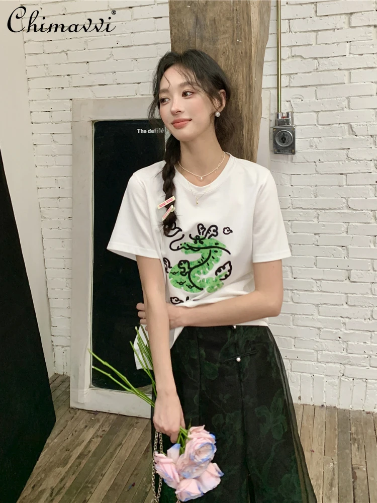 

2024 Summer Retro Cartoon Dragon Printed Round Neck Short Sleeve White T-shirt Women T Shirt Tees Loose Casual All-Matching Tops