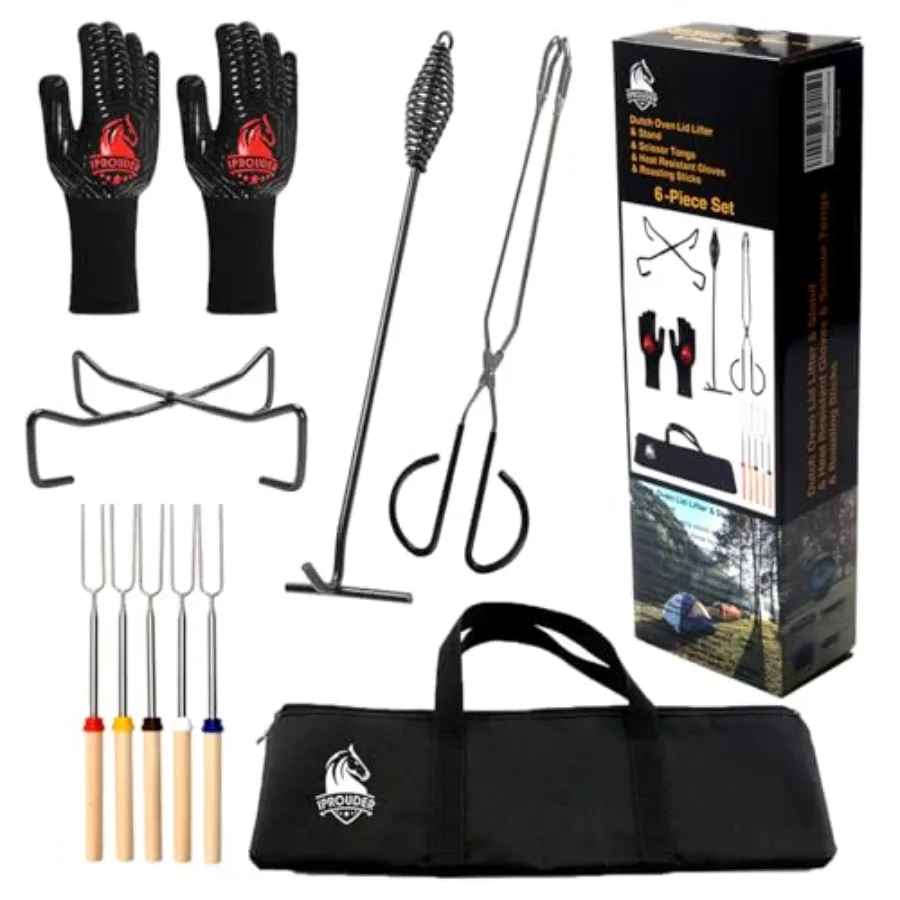 

6-in-1 Dutch Oven Camping Accories Kit - Campfire Cooking Equipment with Marshmallow Roasting Sticks, Heat-Resistant Gloves, 16