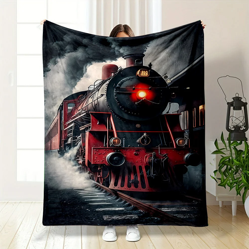 Contemporary Reversible Flannel Throw Blanket, Polyester, Digital Print Vintage-Style Train Design, Cartoon Theme, All-Season Co
