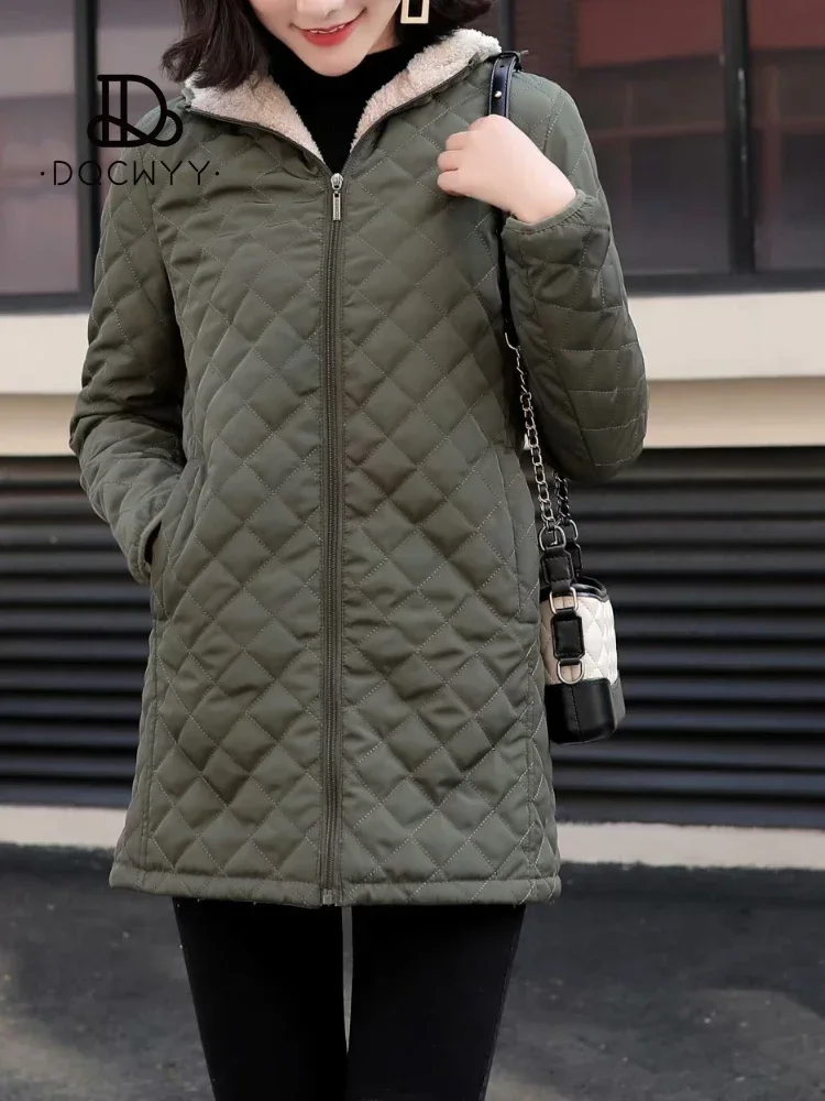 Women\'s Jacket Winter Hooded Warm Lamb Down Lining Parkets Mid Length Casual Jacket Cotton-padded Jacket Oversize Winter Coat