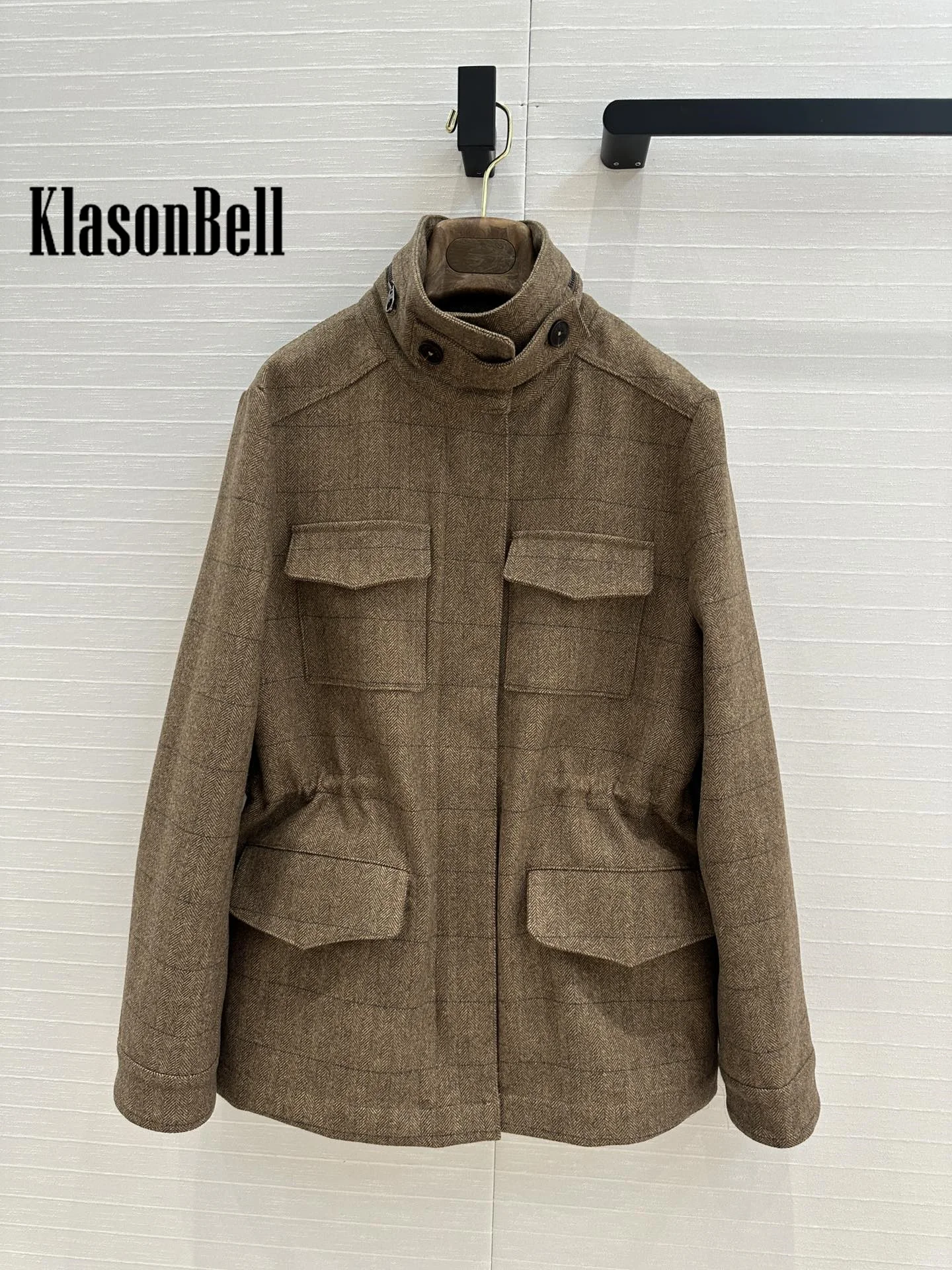 10.20 KlasonBell Vintage Plaid Herringbone Wool Traveller Jacket Cargo Pocket Adjustable Drawstring Waist Outerwear For Women