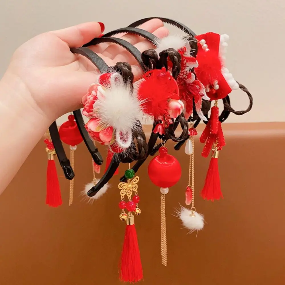 Cute Chinese Style Hanfu Wig Headband Red Ancient Flower Tassel Headband Pearl Headwear New Year Headwear Girl