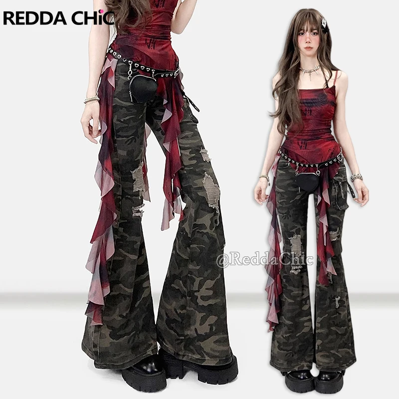 

REDDACHiC Camo Low Rise Cargo Jeans Y2k Retro Stretch Ripped Multi-pocket Rivets Flare Pants Bell Bottoms Harajuku Women Clothes