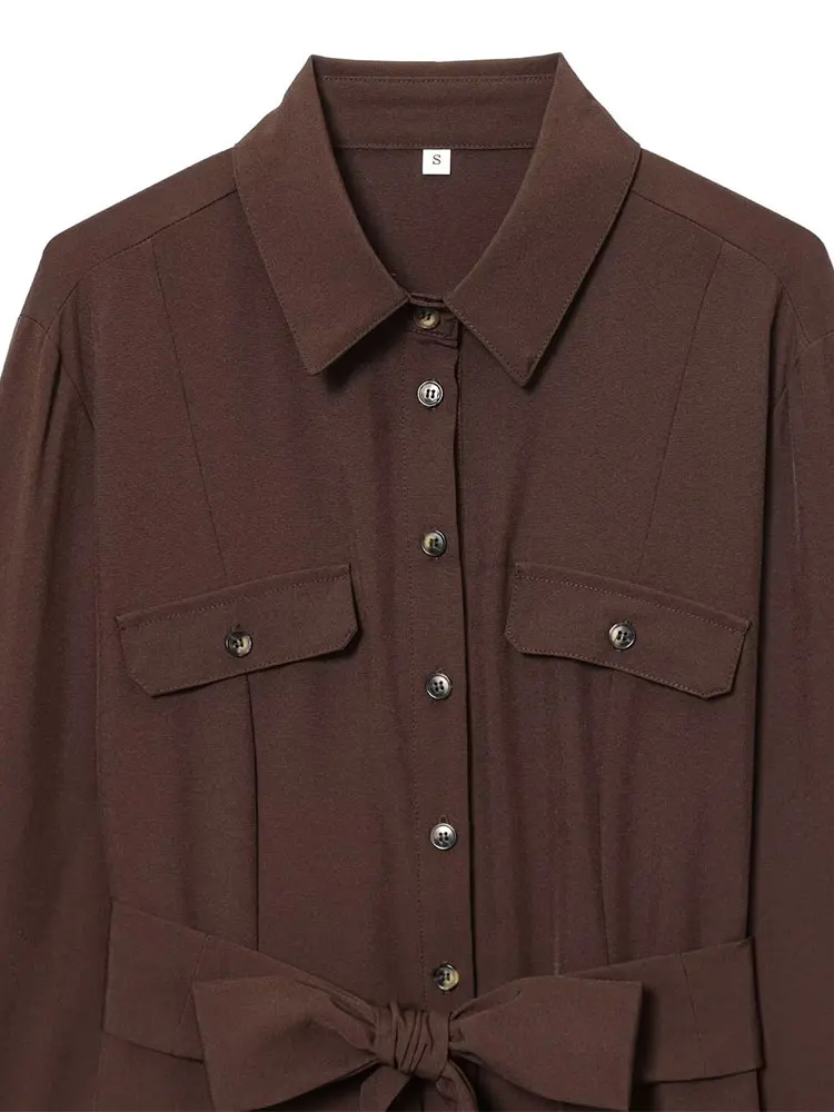 NLZGMSJ Fashion Women Casual Shirt Dress 2025 Autumn Long Sleeve Single Breasted A Line Midi Dress Belt Office Long Dress Y2K