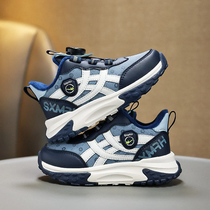 

2025 winter new breathable leather boys' sneakers CUZ children plus fleece running shoes student children tide