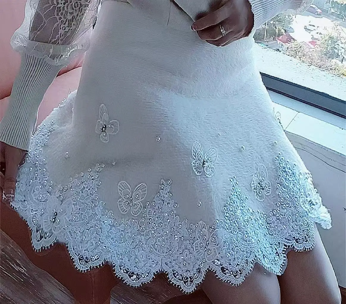 High end Heavy Industry Lace Embroidery Pearls Beaded Autumn Winter Skirt Women\'s Chic Faux Fur Knitted Half Skirt Woman Clothes