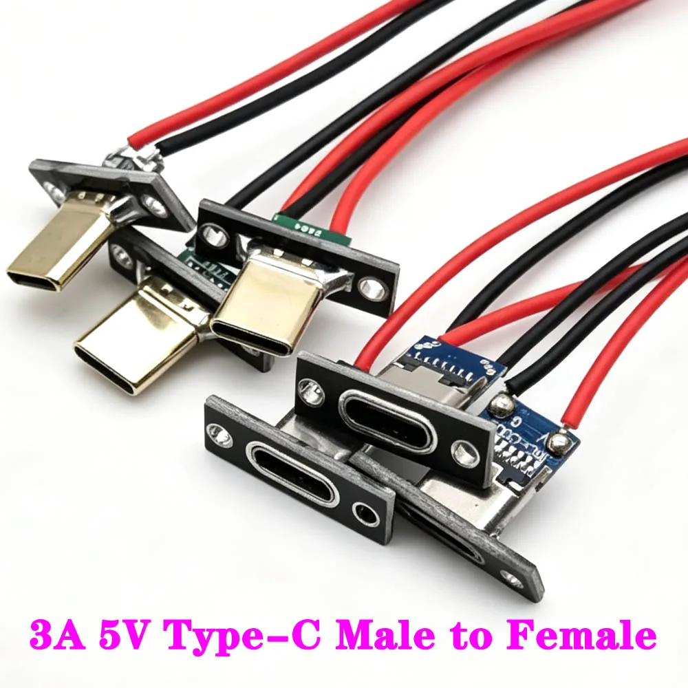 5v-usb-jack-31-type-c-male-to-female-3a-connector-jack-data-charging-port-small-electrical-charging-base-with-fixing-plate