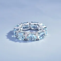 New Micro-Encrusted Diamond Sea Blue Row Ring With 925 Stamp Galaxy Princess Lace Lace Aquamarine Ring Party Birthday Gift