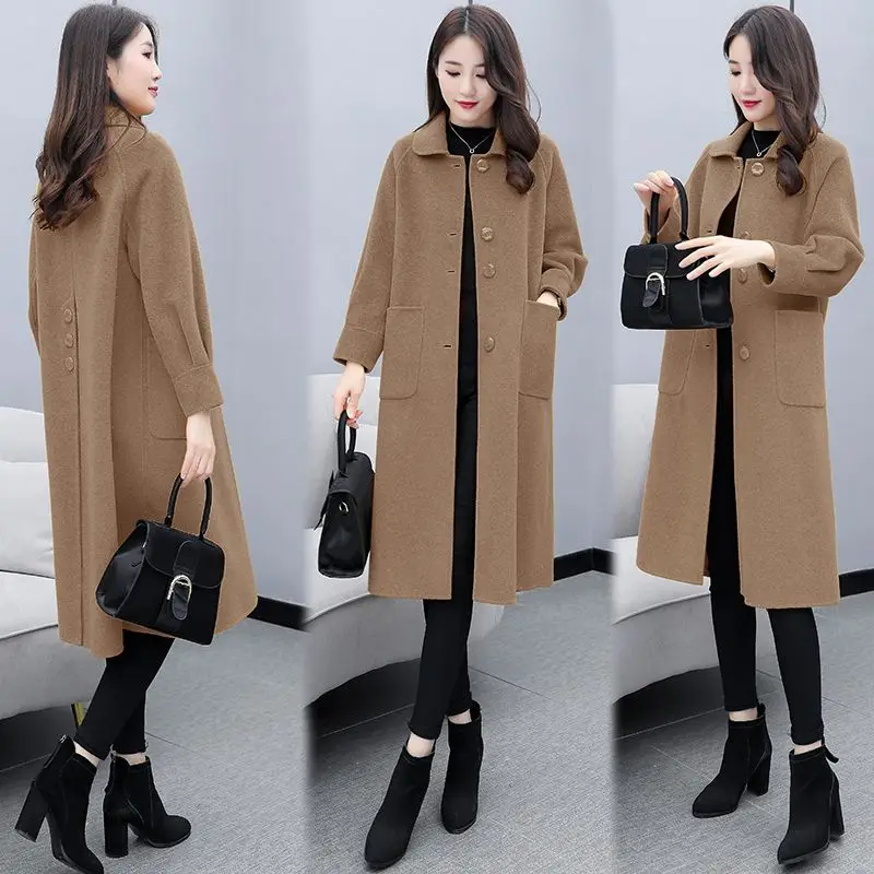 Lantern Sleeve Woolen Coat Women's 2024 Autumn Winter Mid-Length Korean Wool Jacket Ladies Loose Single-Breasted Chic Outerwear