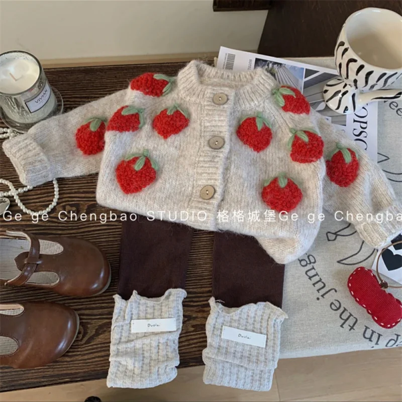 Girls' Suit2024Autumn New Handmade Embroidery Strawberry Cardigan Sweater Baby Girl Fashionable Leggings Suit