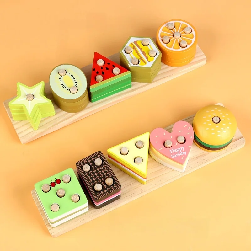 Children's Wooden Category Stack Toy Education Color Shape Classification Puzzle Toys Montessori Fruit Food Game