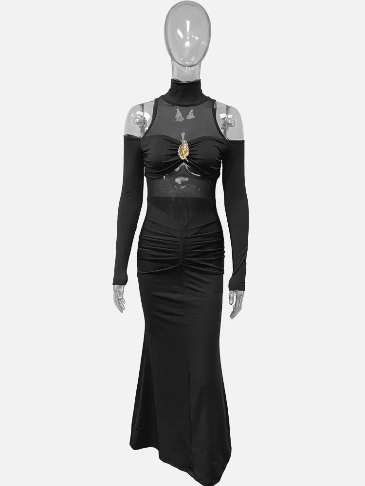 2026 Spring Autumn Winter Dress Women Long Sleeve O-Neck Solid Sexy Elegant Evening Party Skinny Stretch Maxi Bodycon Dresses