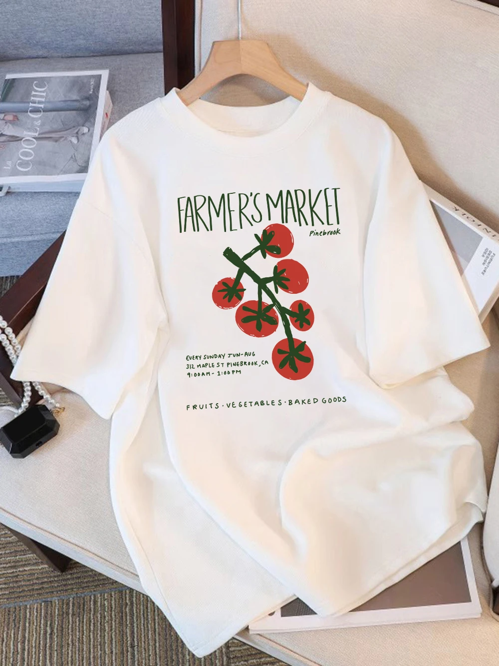Camisetas de algodón de verano para mujer, camisetas holgadas cómodas con estampado de tomates del mercado de granjero, camisetas holgadas de manga corta con cuello redondo, ropa de calle para mujer