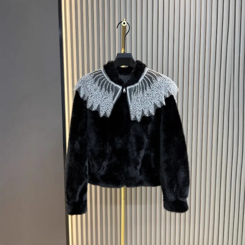 Unique Design Zipper Short Lace Shawl Imitation Mink Fur One-Piece Furry Coat Top 25 Autumn Winter New Faux Fur Jacket Outerwear