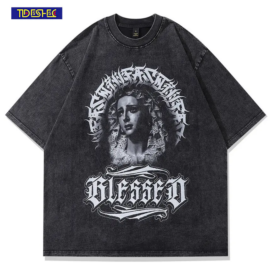 

Washed Black Tshirt Oversized Vintage Fun Letter Printed Graphic T Shirt Harajuku Tees Cotton 2023 Men Streetwear HipHop T Shirt