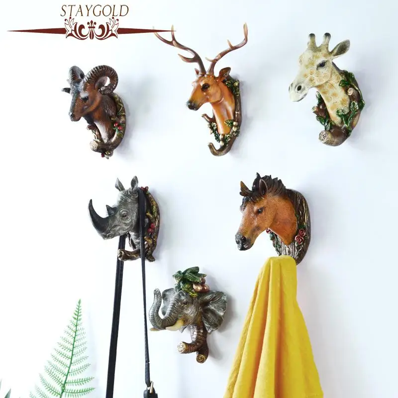 Staygold Animal Hook Hanging Clothes Hat Scarf Key Deer Horns Hanger Rack Wall Rhino Horn No Punching Doorway Home Decor