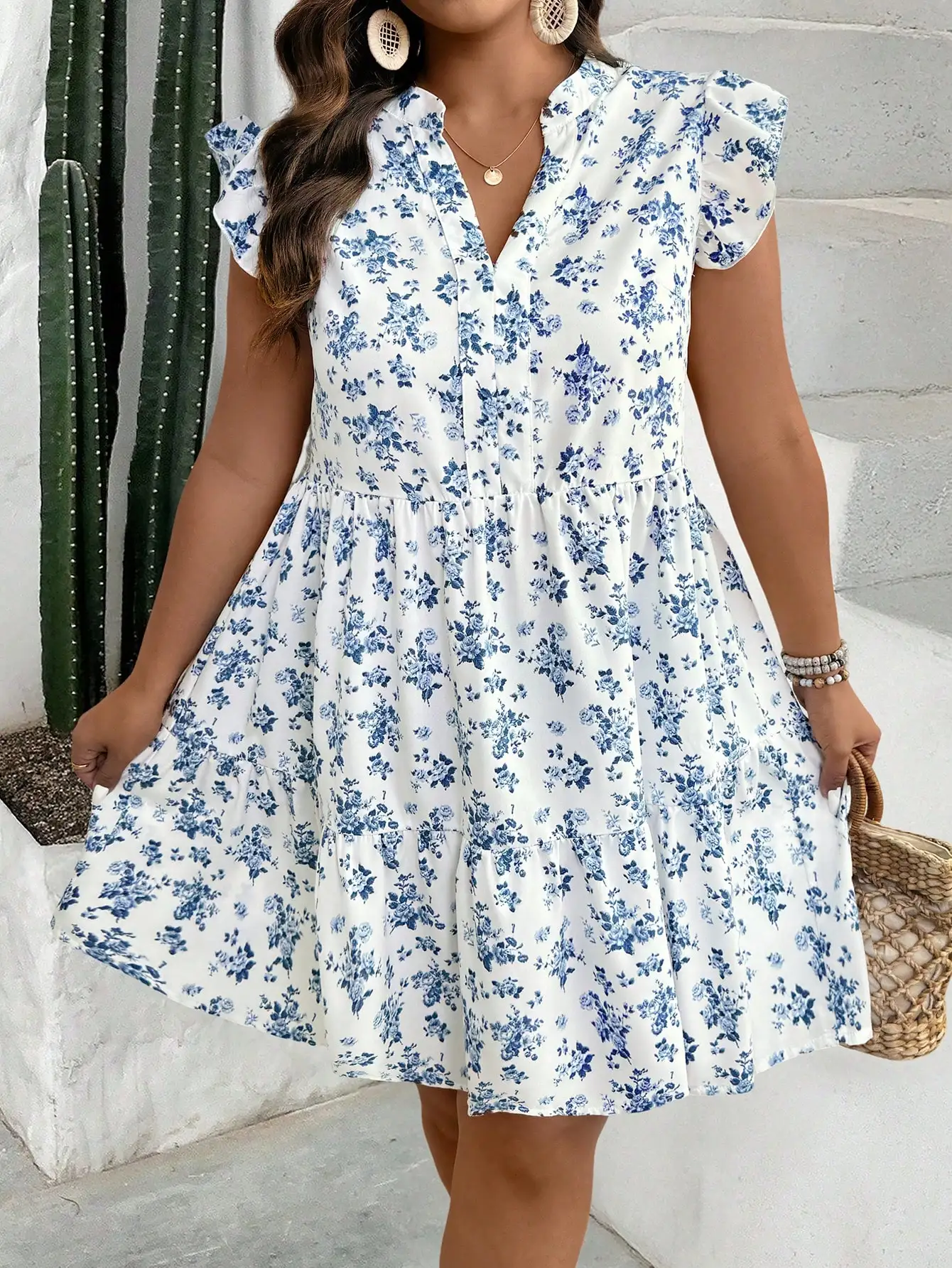 Women Floral Print Cap Sleeve Casual Tiered Dress