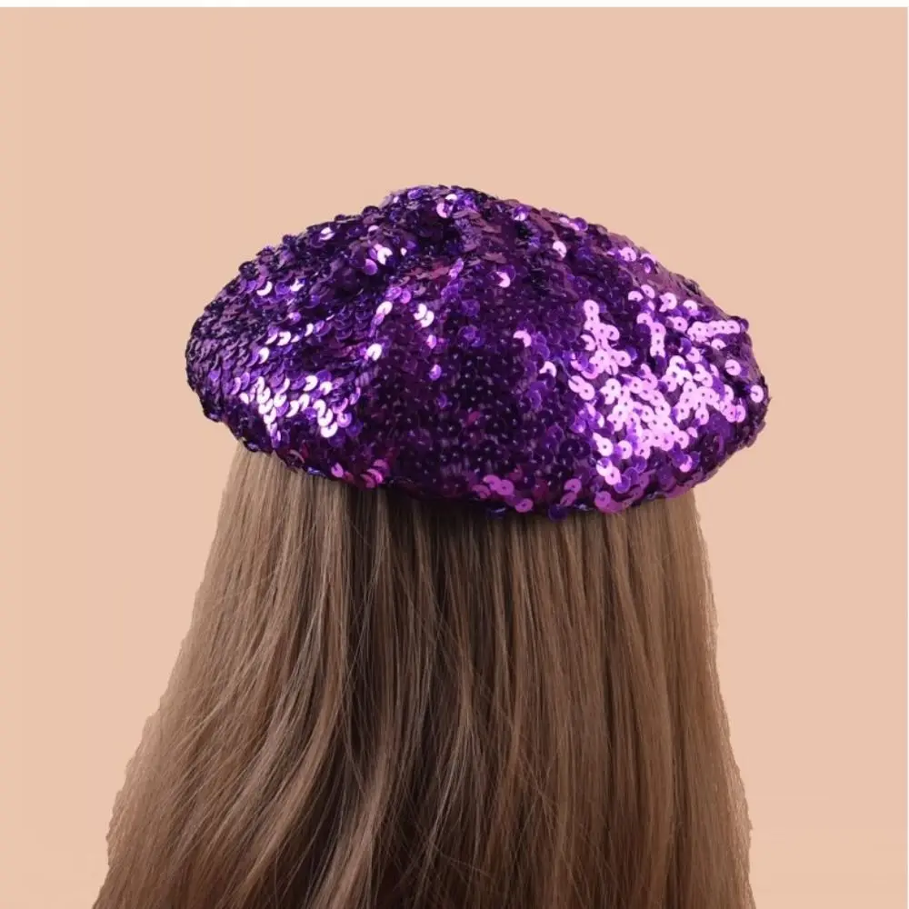 Trendy Chic Glitter Beanie Cap Retro Sparkling Women's Sequin Beret Octagonal Shape Solid Color Shiny Painter Hat Daily Wear