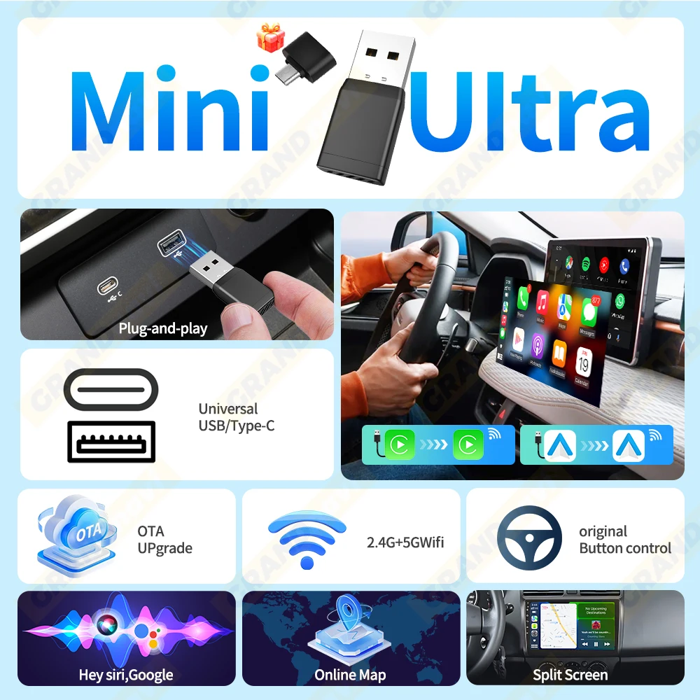2 في 1 محول تلقائي صغير جديد CarPlay أندرويد سلكي إلى صندوق Ai للسيارة اللاسلكية لأودي تويوتا VW بيجو MG فورد USB دونغل