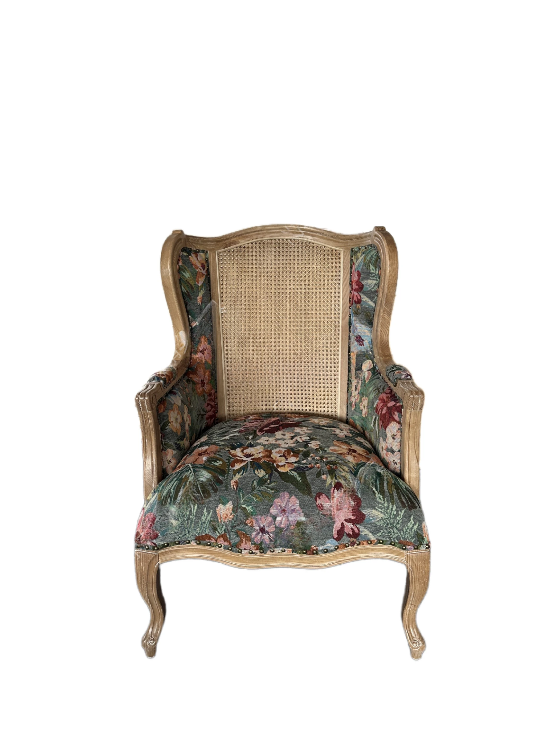 Retro Solid Wood Rattan Couch Single Flower Cloth Rattan French American Leisure Chair