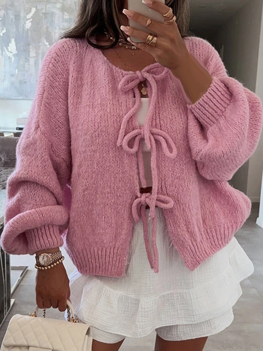 Fashion Knitted Bow Lace Up Cardigan Women Sweater Y2k Open Front Sweet Knitted Cardigan Lantern Sleeve Oversized Cardigan