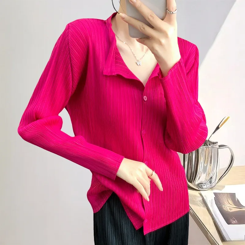 

Miyake Pleated Women's Long-sleeved Shirt Jacket 2025 Fall Versatile Lapel Solid Color Loose Casual Cardigan Top Simple Commuter