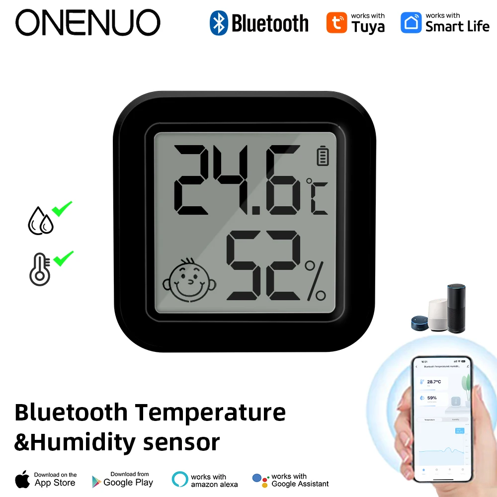 ONENUO Tuya Bluetooth czujnik temperatury i wilgotności Mini cyfrowy wyświetlacz LCD z termometrem sterującym pilot aplikacji higrometr czarny