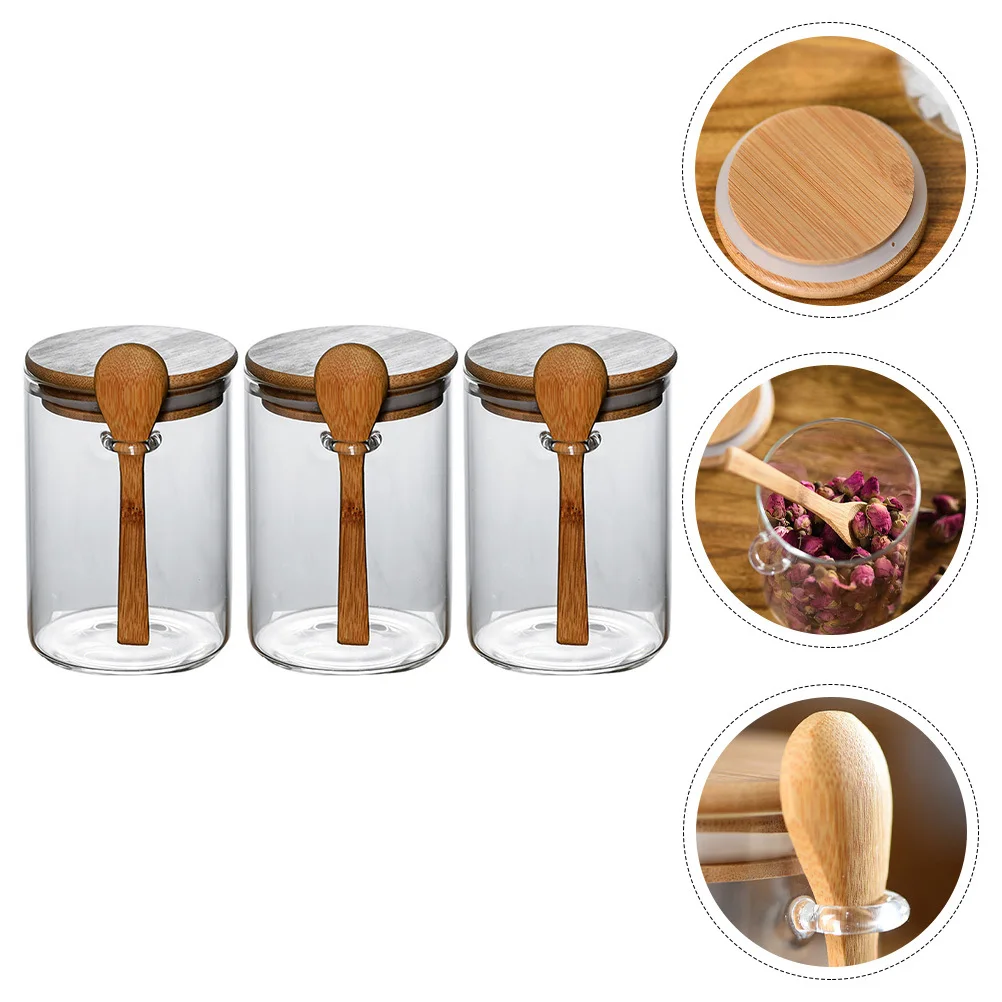 

3Pcs Glass Sealed Storage Jars Wood Lid Kitchen Cereal Grains Storage Containers Coffee Beans Oats Dried Fruit Transparent Jars