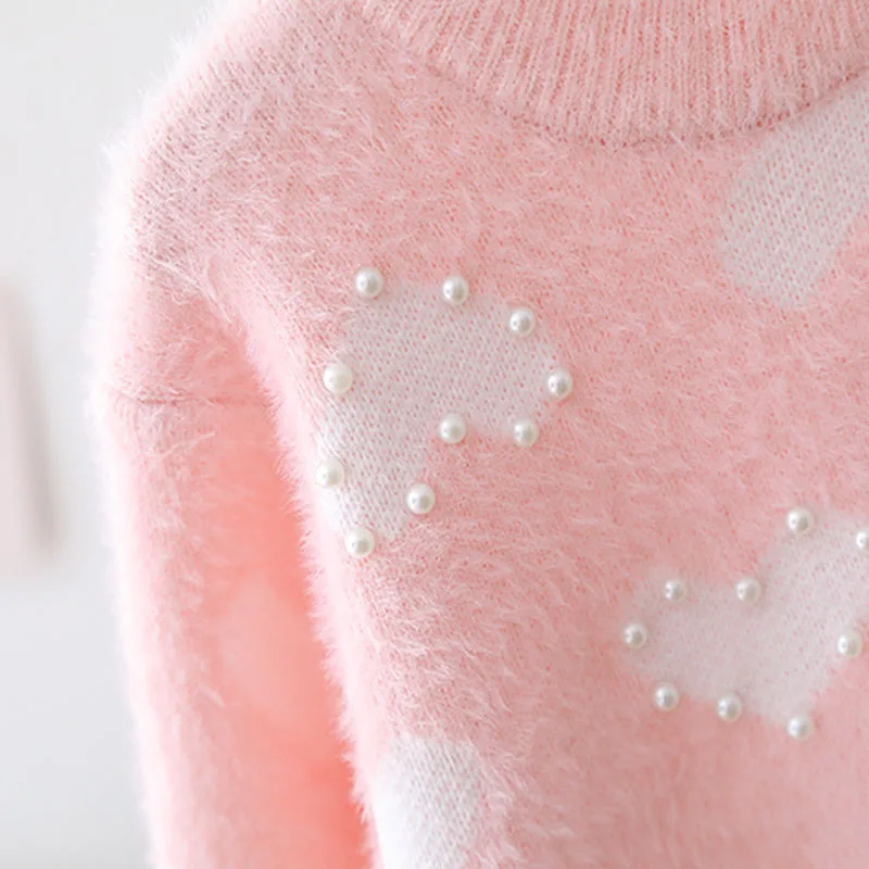 Cozy Girls Fleece Sweater Love Pattern Kids Autumn Winter Thickened Pullover Fashion Beaded Sweaters for Princess Girl GY10121