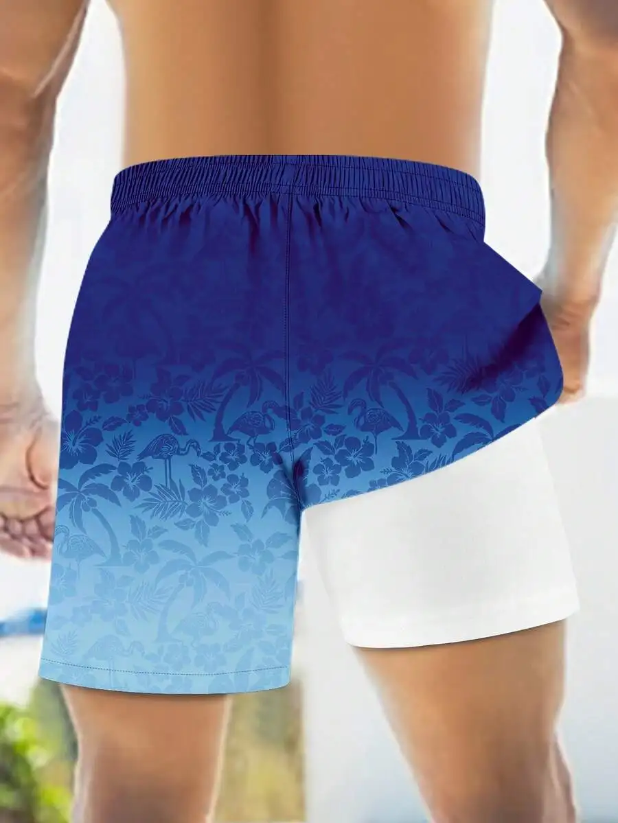 Keevoom Bañador 2 en 1 para hombre con estampado de palmeras y flamencos en degradado azul, con forro de compresión, pantalones cortos de playa de doble capa de secado rápido