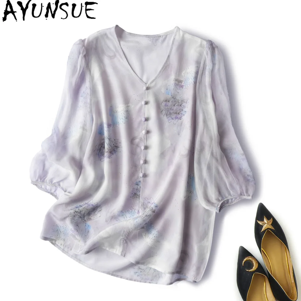 AYUNSUE 100% Natural Mulberry Silk Womens Shirts Light Luxury Summer 2024 Women Clothes Loose Shirt Women Top Рубашка Женская