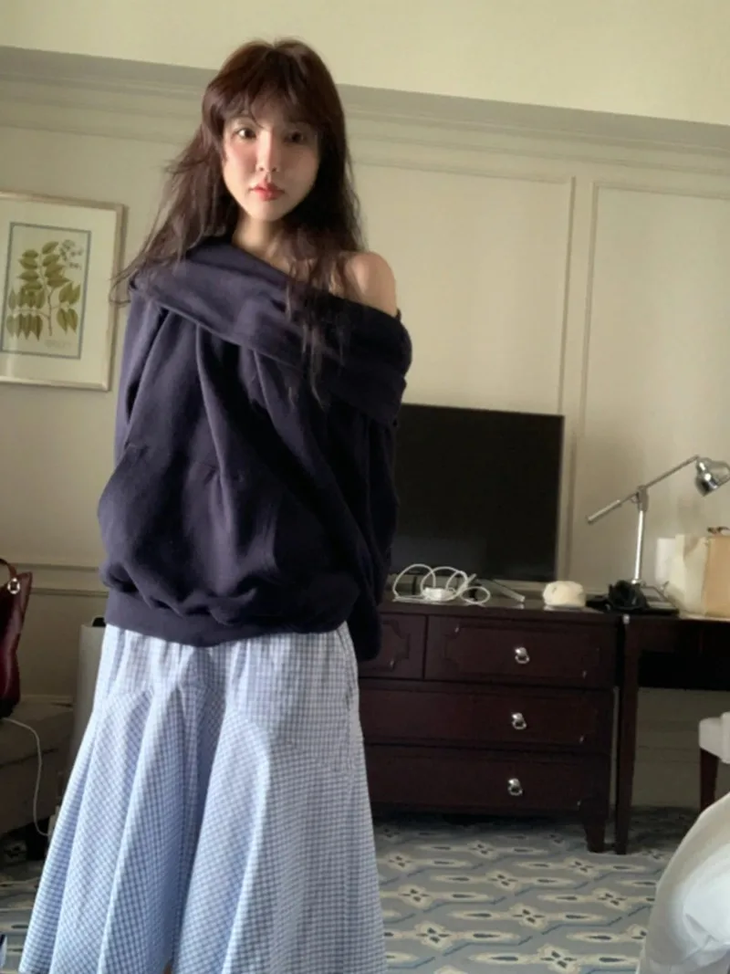 Korean Hoodie oulder Bared One-oulder Sweatirt Loose Fit Long  Pure Color Commute Friendly