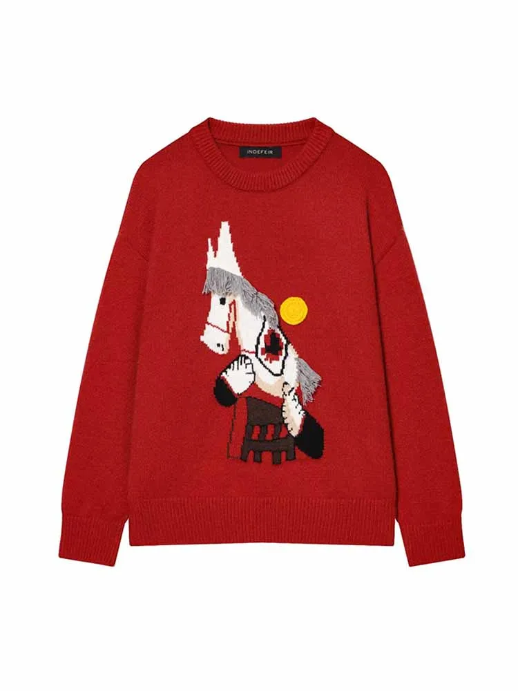 

Женский свитер HH: Новая модная универсальная модель с длинными рукавами, круглым вырезом, вышивкой в виде пони, вязаный, повседневный, свободного кроя