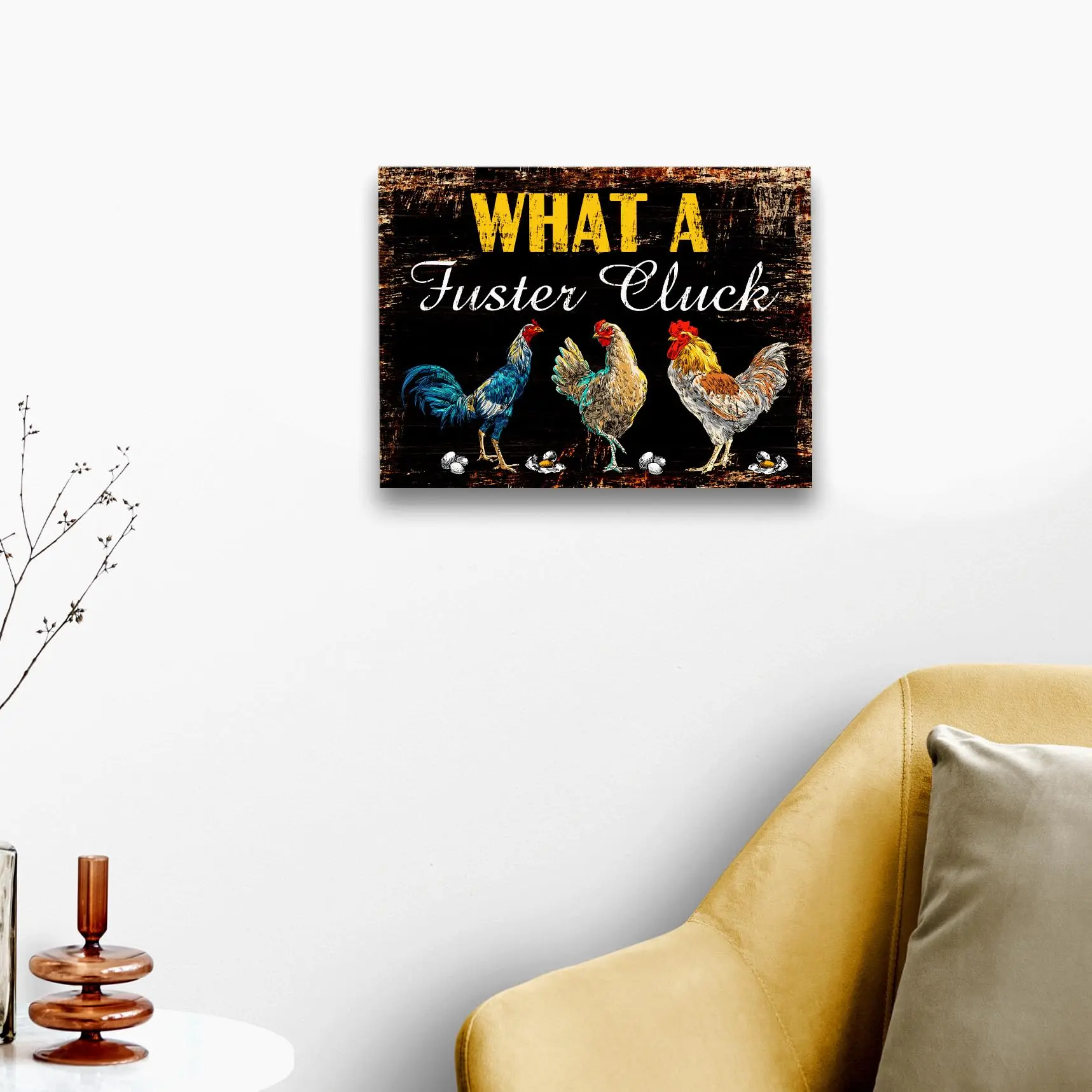 WODMIS Funny Chicken Gifts Framed Canvas Wall Art, Gift for Chicken Farm Owners, Vintage What a Fuster Cluck Chicken Canvas Wall