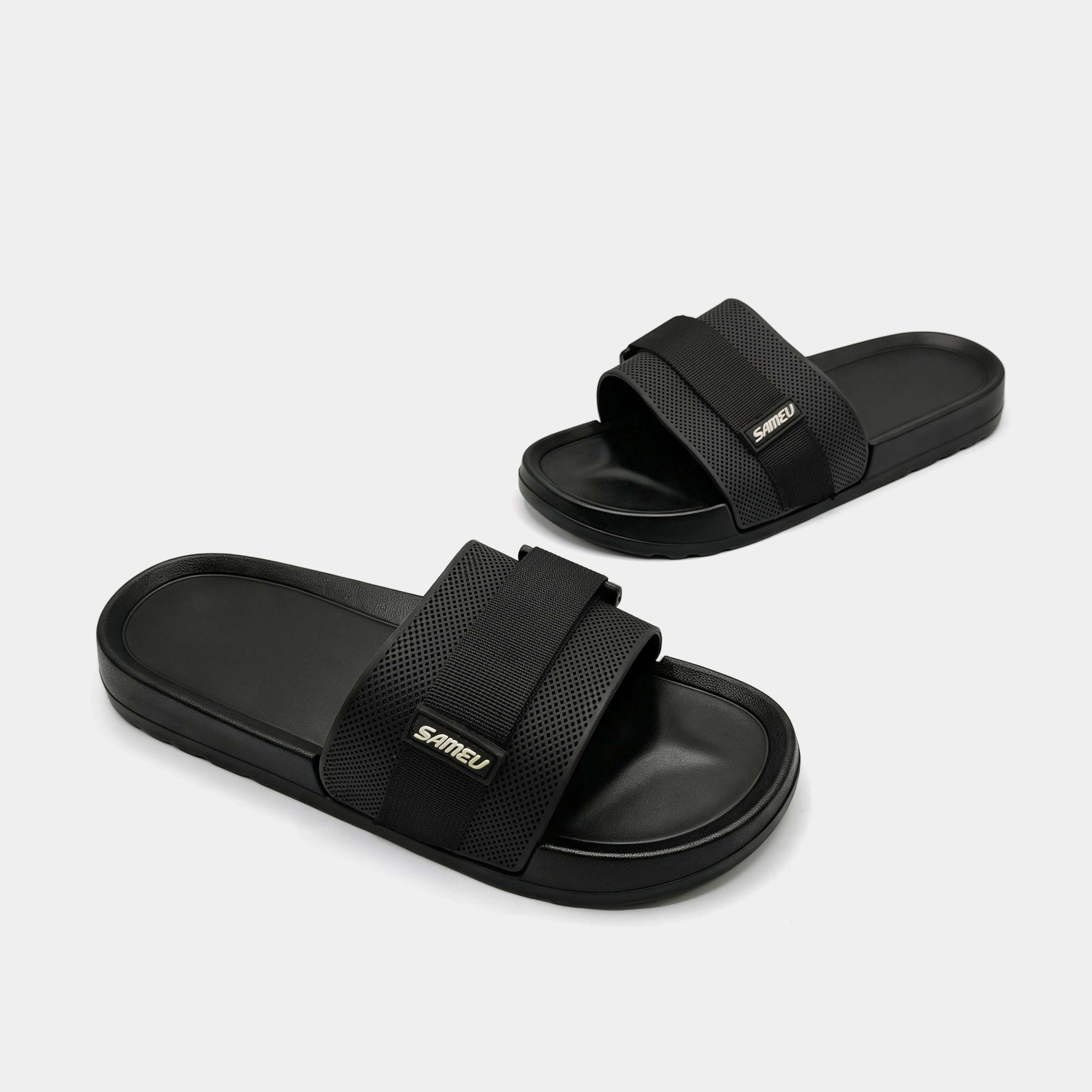 Women's Adjustable Hook‑Loop Webbing Slides, Small Logo Decor Thick‑Sole Casual Open‑Toe Beach Slippers