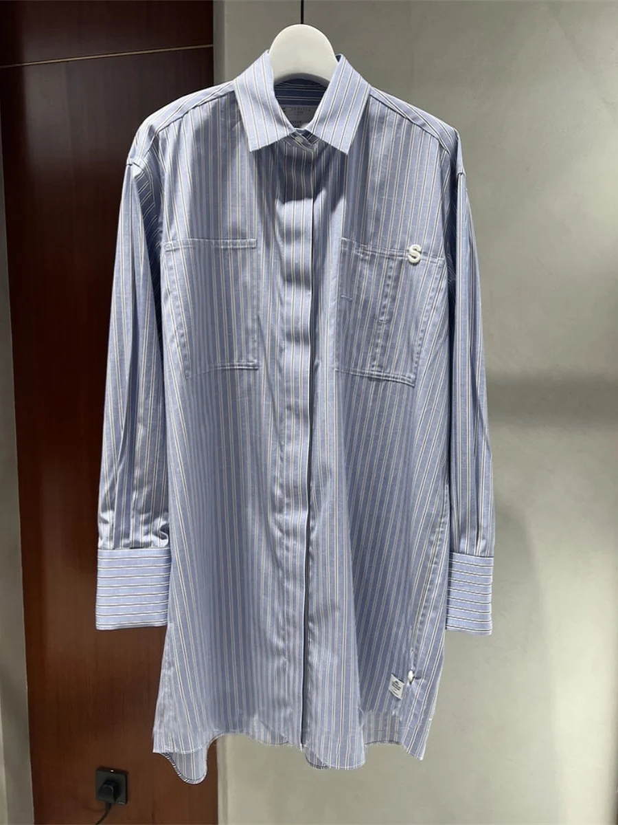 

FOG SACAI SS24 Japanese Sle Autumn New Logo S Letter Striped irt Dr Trendy Long Sve Свободный крой Воротник на пуговицах