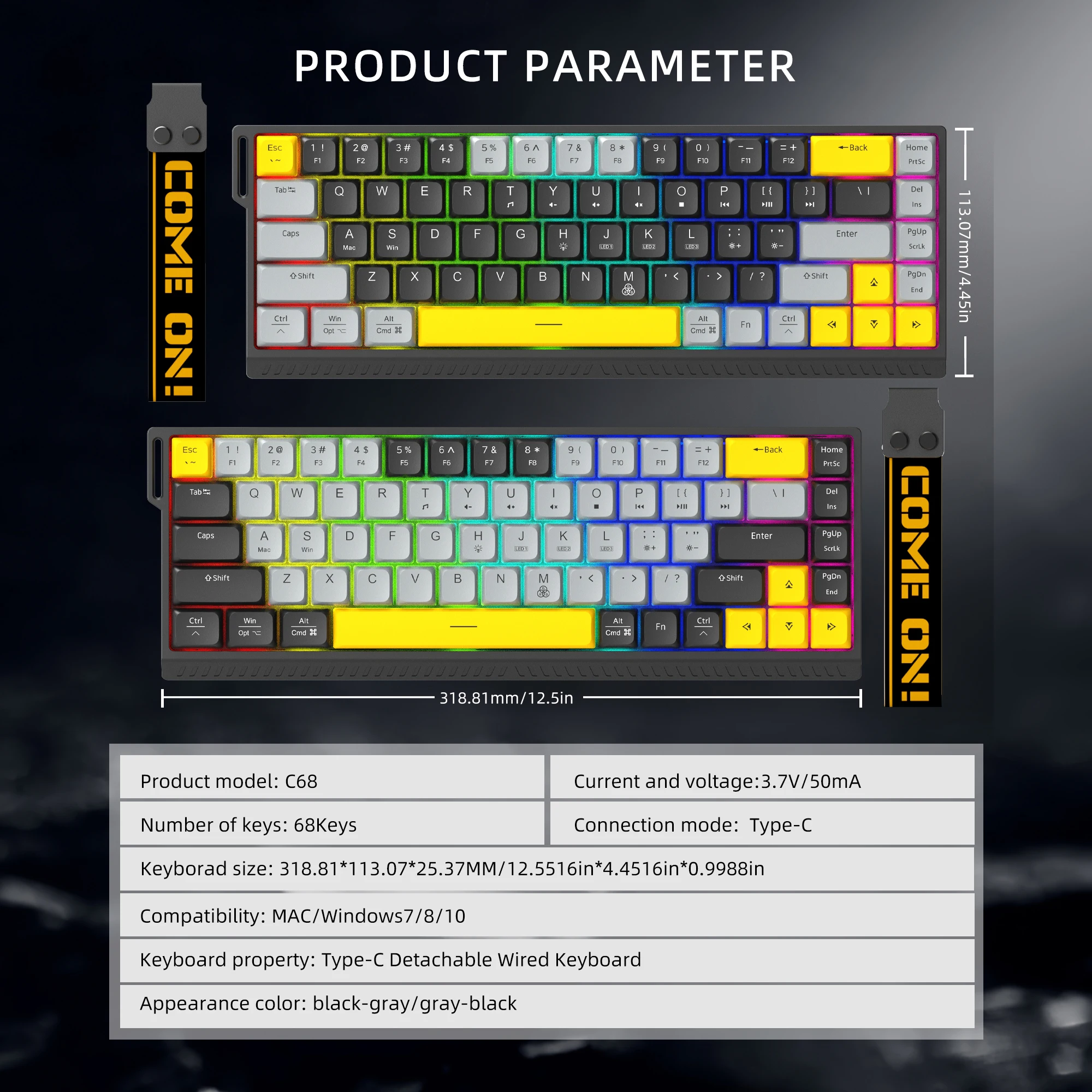 USB 유선 68키 키보드, 컬러 매칭된 짧은 키캡, 초박형 노트북 느낌, RGB 발광 키보드